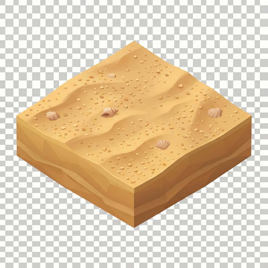 Isometric game terrain tile: a single golden sandy beach block, one 2:1 isometric diamond, top-down isometric, clean stylized low-poly, vibrant art style, soft even lighting, fills the whole tile, opaque, seamless, no background, no shadow, no text. Game sprite.
