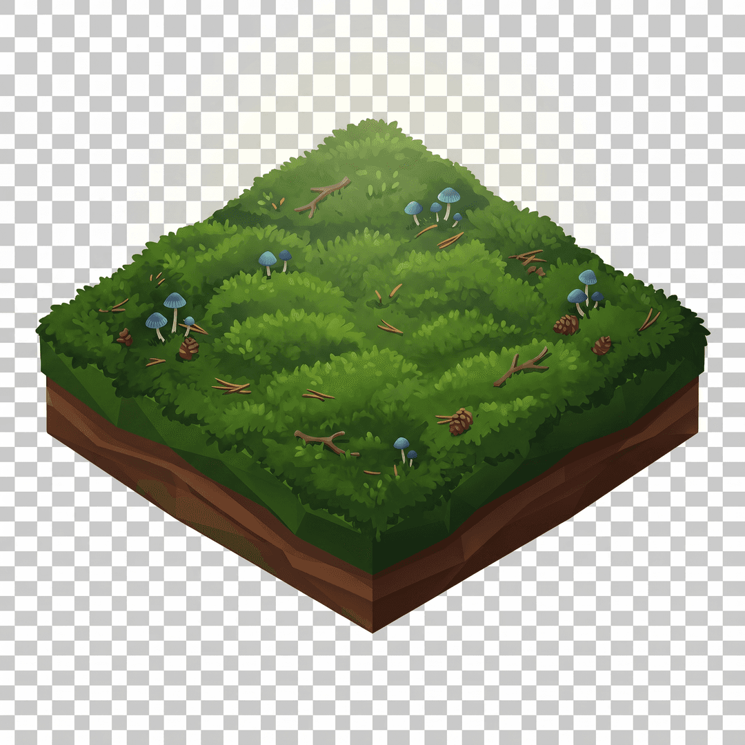 Isometric game terrain tile: a single dark green mossy forest floor block, one 2:1 isometric diamond, top-down isometric, clean stylized low-poly, vibrant art style, soft even lighting, fills the whole tile, opaque, seamless, no background, no shadow, no text. Game sprite.