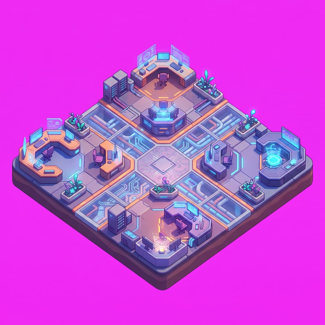 A single cohesive isometric floor platform: cyperpunk futuristic Web design office floor, viewed top-down in true 2:1 isometric (dimetric) projection. One compact diamond-shaped island/platform of terrain seen from above, with a little thickness/depth at the edges, clean stylized low-poly, vibrant art style, soft light from the upper-left. The whole platform is centered with an even margin around it and fully inside the frame. solid flat pure magenta background, RGB 255 0 255 (#ff00ff), fill the ENTIRE background with this one magenta colour — NOT transparent, NO checkerboard pattern, no gradient. No sky, no horizon line, no characters, no buildings unless implied by the theme, no text.