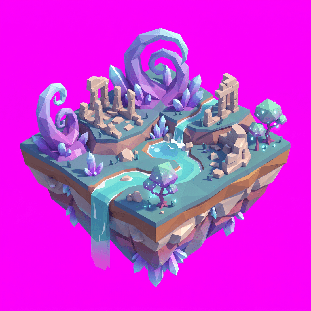 A single cohesive isometric floor platform: fantasy island, viewed top-down in true 2:1 isometric (dimetric) projection. One compact diamond-shaped island/platform of terrain seen from above, with a little thickness/depth at the edges, clean stylized low-poly art style, soft light from the upper-left. The whole platform is centered with an even margin around it and fully inside the frame. solid flat pure magenta background, RGB 255 0 255 (#ff00ff), fill the ENTIRE background with this one magenta colour — NOT transparent, NO checkerboard pattern, no gradient. No sky, no horizon line, no characters, no buildings, no text.