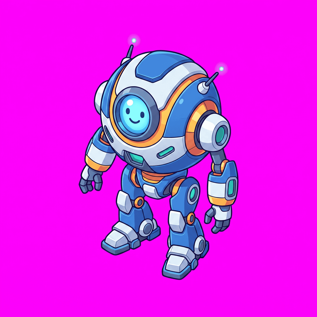 Isometric game character sprite: a small friendly robot, full body, standing, three-quarter top-down isometric view facing front-right, small chibi proportions, clean stylized low-poly, vibrant art style, crisp clean edges, no ground, no cast shadow, no text. Single centered sprite. solid flat pure magenta background, RGB 255 0 255 (#ff00ff), fill the ENTIRE background with this one magenta colour — NOT transparent, NO checkerboard pattern, no gradient.
