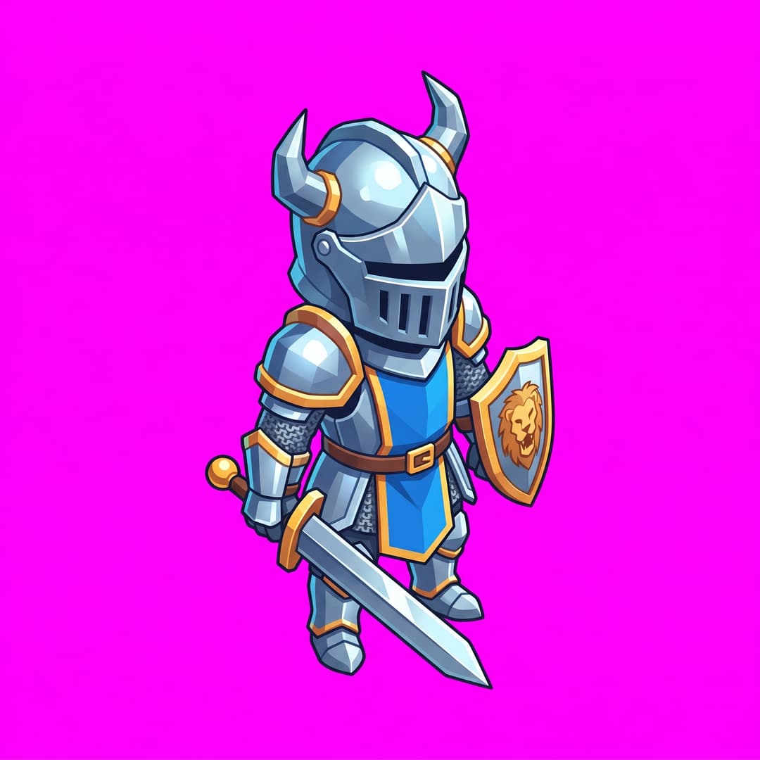 Isometric game character sprite: a brave knight in shining armor, full body, standing, top-down 2:1 isometric (dimetric) view, facing toward the lower-right, three-quarter front view, small chibi proportions, clean stylized low-poly, vibrant art style, crisp clean edges, consistent character design, no ground, no cast shadow, no text. Single centered sprite. solid flat pure magenta background, RGB 255 0 255 (#ff00ff), fill the ENTIRE background with this one magenta colour — NOT transparent, NO checkerboard pattern, no gradient.