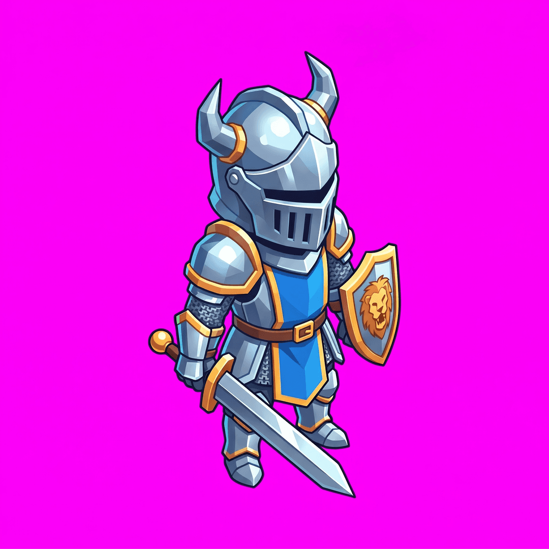 Isometric game character sprite: a brave knight in shining armor, full body, standing, top-down 2:1 isometric (dimetric) view, facing toward the lower-left, three-quarter front view, small chibi proportions, clean stylized low-poly, vibrant art style, crisp clean edges, consistent character design, no ground, no cast shadow, no text. Single centered sprite. solid flat pure magenta background, RGB 255 0 255 (#ff00ff), fill the ENTIRE background with this one magenta colour — NOT transparent, NO checkerboard pattern, no gradient.