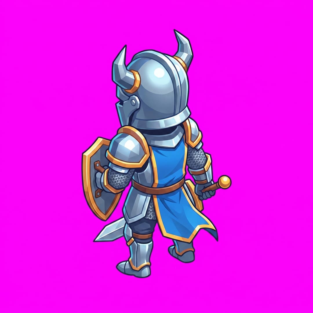 Isometric game character sprite: a brave knight in shining armor, full body, standing, top-down 2:1 isometric (dimetric) view, facing toward the upper-right, three-quarter back view (seen from behind), small chibi proportions, clean stylized low-poly, vibrant art style, crisp clean edges, consistent character design, no ground, no cast shadow, no text. Single centered sprite. solid flat pure magenta background, RGB 255 0 255 (#ff00ff), fill the ENTIRE background with this one magenta colour — NOT transparent, NO checkerboard pattern, no gradient.