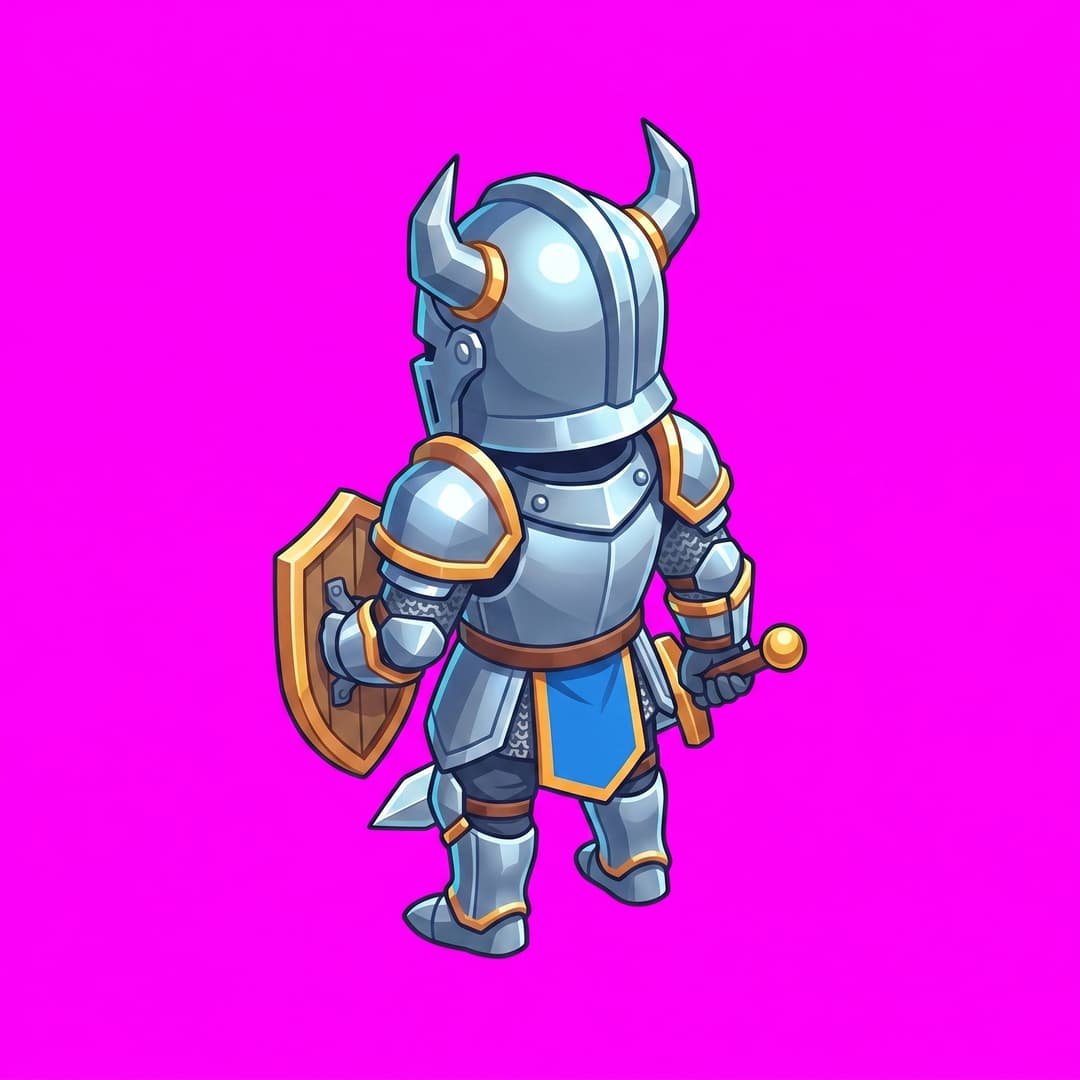 Isometric game character sprite: a brave knight in shining armor, full body, standing, top-down 2:1 isometric (dimetric) view, facing toward the upper-left, three-quarter back view (seen from behind), small chibi proportions, clean stylized low-poly, vibrant art style, crisp clean edges, consistent character design, no ground, no cast shadow, no text. Single centered sprite. solid flat pure magenta background, RGB 255 0 255 (#ff00ff), fill the ENTIRE background with this one magenta colour — NOT transparent, NO checkerboard pattern, no gradient.