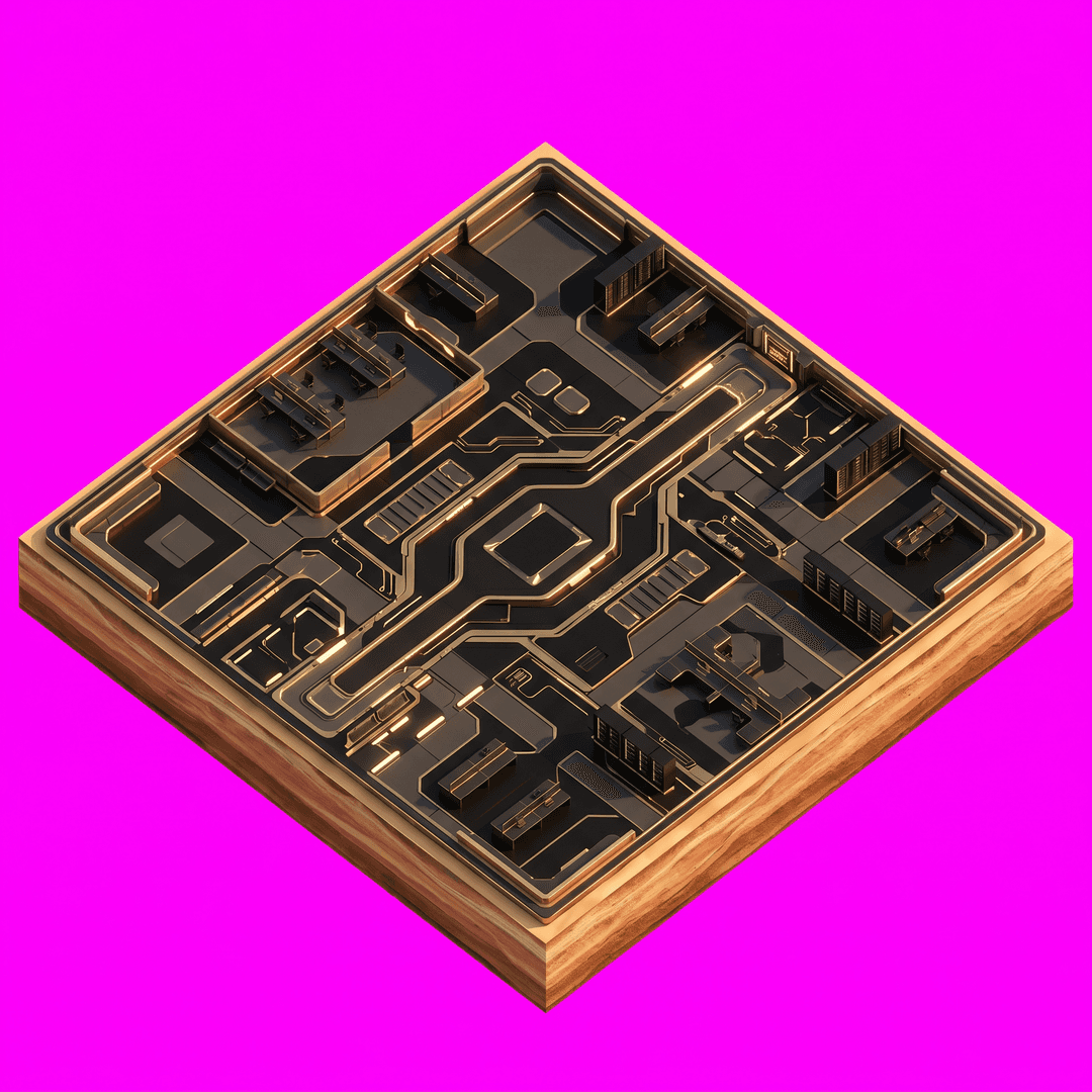 A single cohesive isometric floor platform: futuristic black and gold cyberpunk segmented office floor, viewed top-down in true 2:1 isometric (dimetric) projection. One compact diamond-shaped island/platform of terrain seen from above, with a little thickness/depth at the edges, warm sun-baked desert, stylized art style, soft light from the upper-left. The whole platform is centered with an even margin around it and fully inside the frame. solid flat pure magenta background, RGB 255 0 255 (#ff00ff), fill the ENTIRE background with this one magenta colour — NOT transparent, NO checkerboard pattern, no gradient. No sky, no horizon line, no characters, no buildings unless implied by the theme, no text.