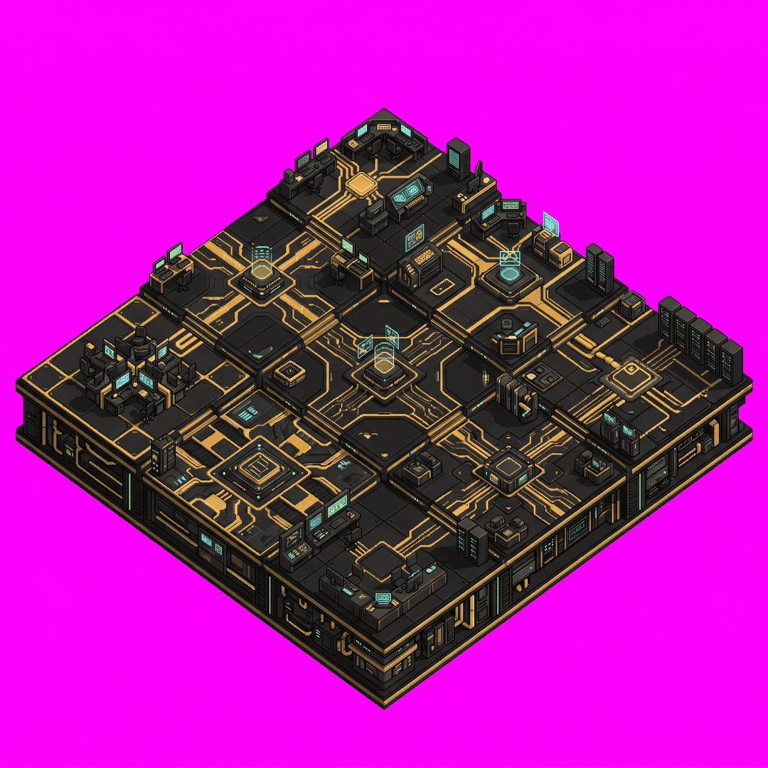 A single cohesive isometric floor platform: futuristic black and gold cyberpunk segmented office floor, viewed top-down in true 2:1 isometric (dimetric) projection. One compact diamond-shaped island/platform of terrain seen from above, with a little thickness/depth at the edges, cyberpunk isometric pixel art art style, soft light from the upper-left. The whole platform is centered with an even margin around it and fully inside the frame. solid flat pure magenta background, RGB 255 0 255 (#ff00ff), fill the ENTIRE background with this one magenta colour — NOT transparent, NO checkerboard pattern, no gradient. No sky, no horizon line, no characters, no buildings unless implied by the theme, no text.