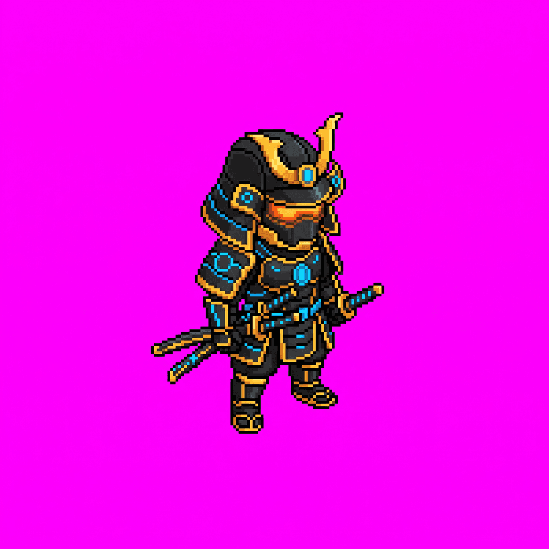 Isometric game character sprite: black and gold samurai robot, full body, standing, top-down 2:1 isometric (dimetric) view, facing toward the lower-right, three-quarter front view, small chibi proportions, cyberpunk isometric pixel art art style, crisp clean edges, consistent character design, no ground, no cast shadow, no text. Single centered sprite. solid flat pure magenta background, RGB 255 0 255 (#ff00ff), fill the ENTIRE background with this one magenta colour — NOT transparent, NO checkerboard pattern, no gradient.
