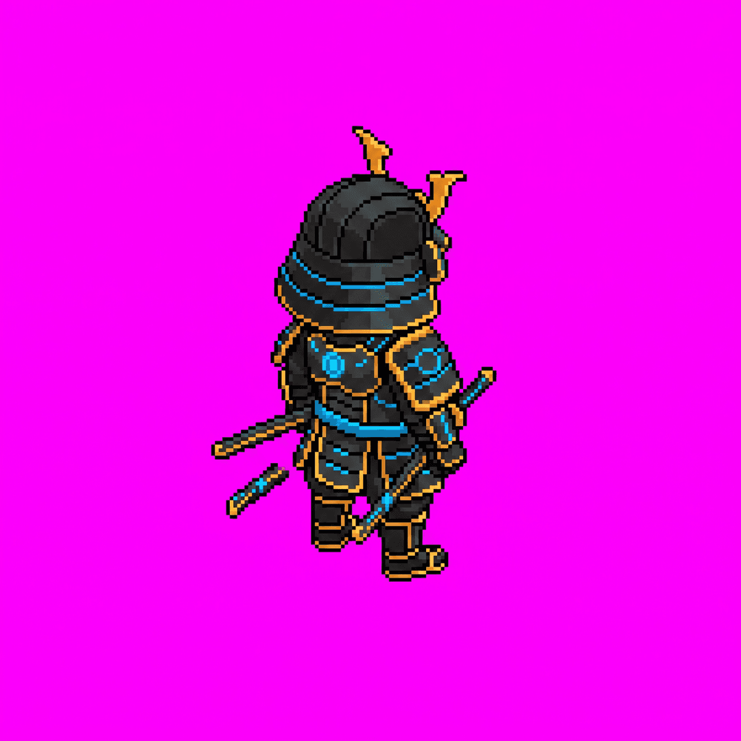 Isometric game character sprite: black and gold samurai robot, full body, standing, top-down 2:1 isometric (dimetric) view, facing toward the upper-right, three-quarter back view (seen from behind), small chibi proportions, cyberpunk isometric pixel art art style, crisp clean edges, consistent character design, no ground, no cast shadow, no text. Single centered sprite. solid flat pure magenta background, RGB 255 0 255 (#ff00ff), fill the ENTIRE background with this one magenta colour — NOT transparent, NO checkerboard pattern, no gradient.