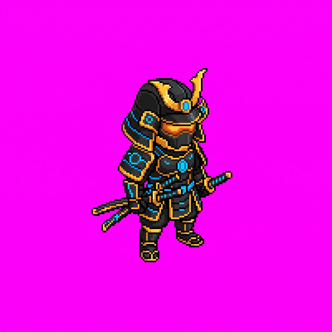 Isometric game character sprite: black and gold samurai robot, full body, standing, top-down 2:1 isometric (dimetric) view, facing toward the lower-left, three-quarter front view, small chibi proportions, cyberpunk isometric pixel art art style, crisp clean edges, consistent character design, no ground, no cast shadow, no text. Single centered sprite. solid flat pure magenta background, RGB 255 0 255 (#ff00ff), fill the ENTIRE background with this one magenta colour — NOT transparent, NO checkerboard pattern, no gradient.