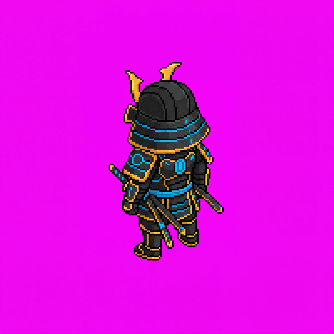 Isometric game character sprite: black and gold samurai robot, full body, standing, top-down 2:1 isometric (dimetric) view, facing toward the upper-left, three-quarter back view (seen from behind), small chibi proportions, cyberpunk isometric pixel art art style, crisp clean edges, consistent character design, no ground, no cast shadow, no text. Single centered sprite. solid flat pure magenta background, RGB 255 0 255 (#ff00ff), fill the ENTIRE background with this one magenta colour — NOT transparent, NO checkerboard pattern, no gradient.