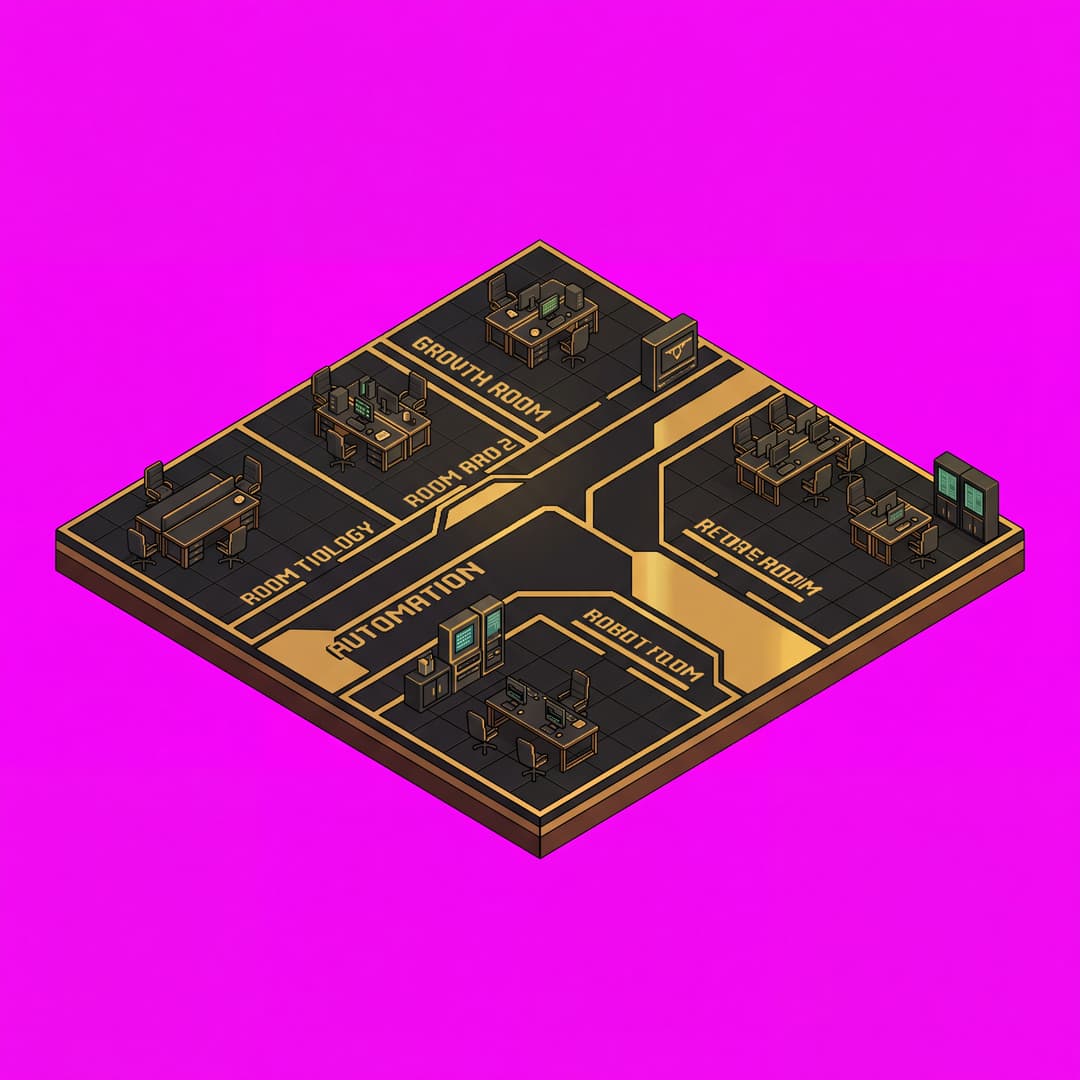 A single cohesive isometric floor platform: futuristic black and gold cyberpunk segmented office floor with bold room titles on floor,. Automation agency themed, viewed top-down in true 2:1 isometric (dimetric) projection. One compact diamond-shaped island/platform of terrain seen from above, with a little thickness/depth at the edges, cyberpunk isometric pixel art art style, soft light from the upper-left. The whole platform is centered with an even margin around it and fully inside the frame. solid flat pure magenta background, RGB 255 0 255 (#ff00ff), fill the ENTIRE background with this one magenta colour — NOT transparent, NO checkerboard pattern, no gradient. No sky, no horizon line, no characters, no buildings unless implied by the theme, no text.