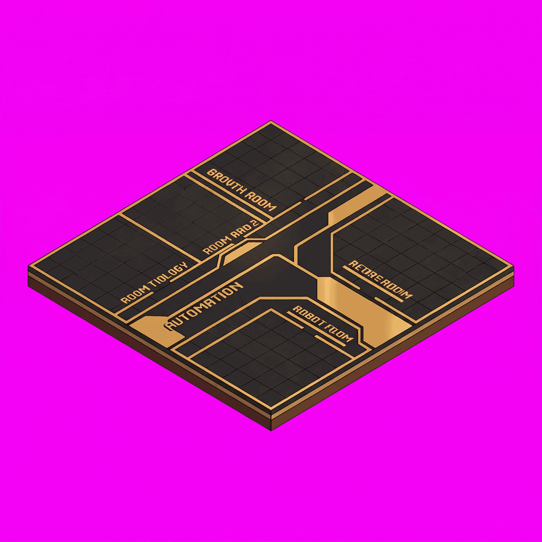 Remove ALL furniture, desks, computers, monitors, chairs, machines, cabinets, plants and objects from this isometric floor. Keep the empty rooms, floor, walls and gold trim EXACTLY the same — identical camera angle, perspective and layout. Output the same isometric floor, completely empty.