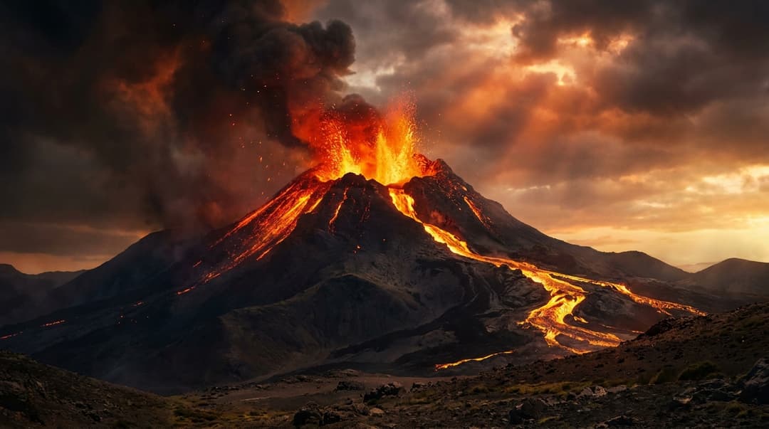A towering volcanic mountain erupting with molten lava and roaring fire, glowing rivers of magma cascading down its slopes, dramatic plumes of black smoke and embers rising into a stormy twilight sky, cinematic wide shot, ultra-realistic, volumetric lighting, godrays piercing through ash clouds, deep shadows, IMAX 70mm film aesthetic, epic scale, photorealistic, 8K, highly detailed, golden-orange and crimson color palette