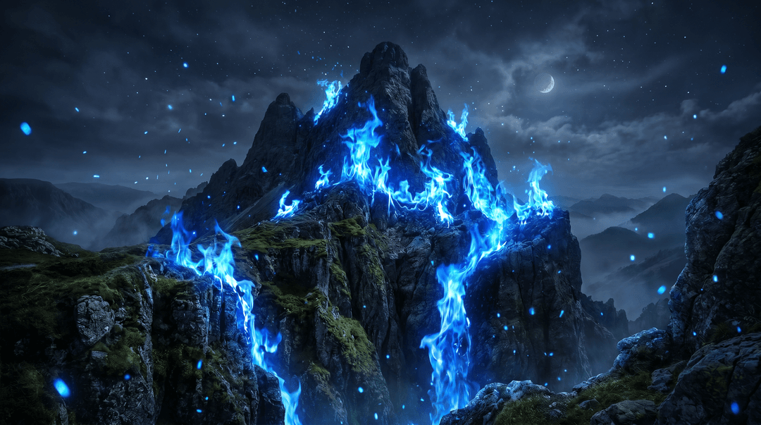A majestic mountain engulfed in vibrant blue flames, ethereal blue fire cascading down rocky cliffs, dramatic night sky, glowing embers floating in the air, cinematic lighting, hyper-detailed, fantasy landscape