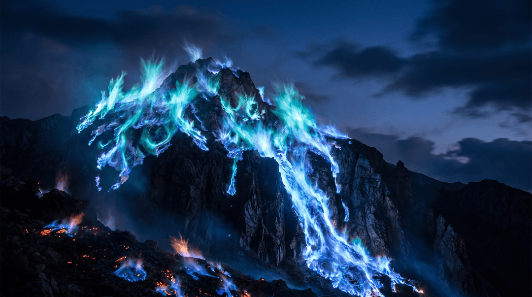 A majestic mountain engulfed in vibrant blue flames, ethereal blue fire cascading down rocky cliffs, dramatic night sky, glowing embers, cinematic lighting.