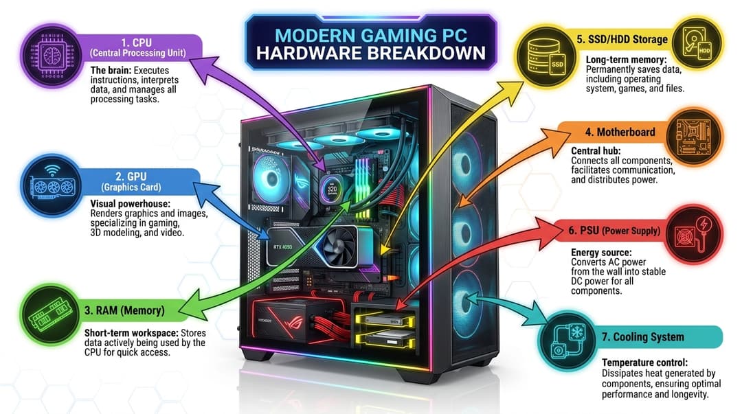 Modern gaming PC hardware components breakdown infographic with clear arrows. Central diagram shows a sleek gaming PC case with transparent side panel revealing internal components. Color-coded sections around the main diagram explain each component's function, connected with CLEAR, PRECISE ARROWS pointing to the exact corresponding components inside the PC case:

1. CPU (Central Processing Unit) - "The brain" with purple processor icon and purple arrow pointing to CPU
2. GPU (Graphics Card) - "Visual powerhouse" with blue RTX graphics card icon and blue arrow pointing to GPU
3. RAM (Memory) - "Short-term workspace" with green memory stick icon and green arrow pointing to RAM slots
4. Motherboard - "Central hub" with orange motherboard schematic and orange arrow pointing to motherboard
5. SSD/HDD Storage - "Long-term memory" with yellow storage drive icon and yellow arrow pointing to storage bays
6. PSU (Power Supply) - "Energy source" with red power supply unit and red arrow pointing to PSU
7. Cooling System - "Temperature control" with teal liquid cooling loop and teal arrow pointing to cooling system

Each arrow should be color-coded to match its section, have clear arrowheads, and point DIRECTLY to the visible hardware component inside the transparent PC case. Modern tech aesthetic with clean line arrows. Professional vector style with technical accuracy. White background with subtle grid pattern. Aspect ratio 16:9 for presentation format.