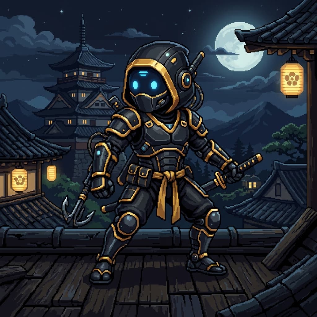 pixel 2d ninja robot assistant character black and gold