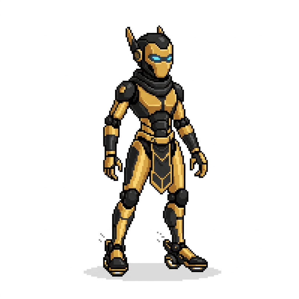 pixel 2d ninja robot assistant character black and gold equal porportions omni directional movement white background