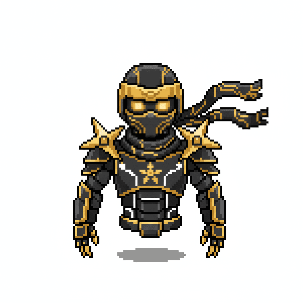 pixel 2d ninja robot assistant head and upper torso floating black and gold white background