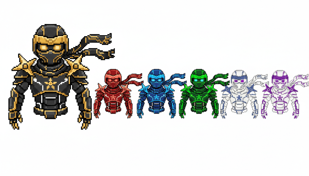 make a sheet of identical characters with different colors same style on white background