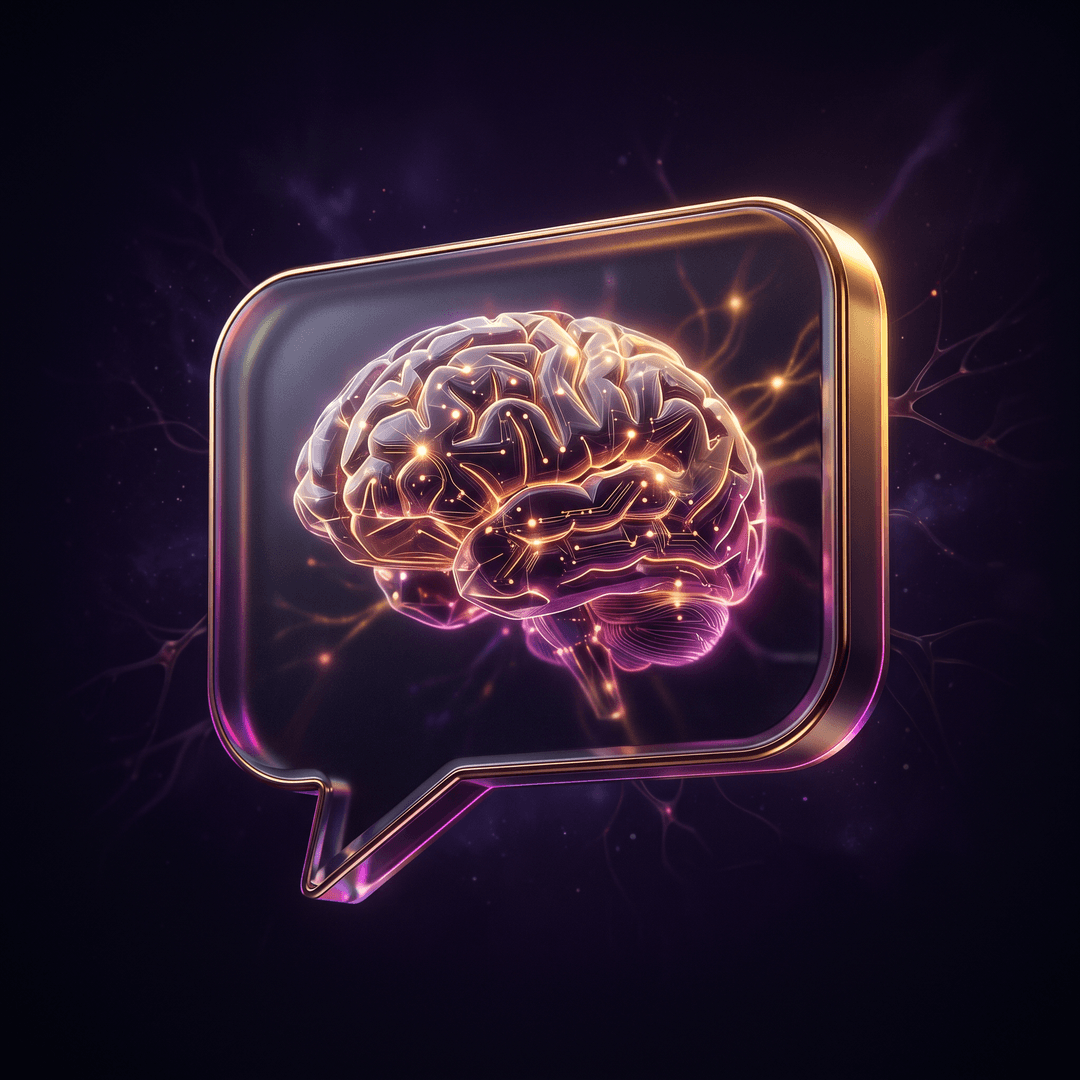 Cinematic dark-glass editorial illustration, gold and amber rim light with deep fuchsia/purple accents, premium tech magazine cover style, ultra detailed, no text, no watermark, — a single floating chat bubble with a glowing brain inside, isolated, background tones deep black-purple #10051f, glassmorphism, soft volumetric light, subtle grain