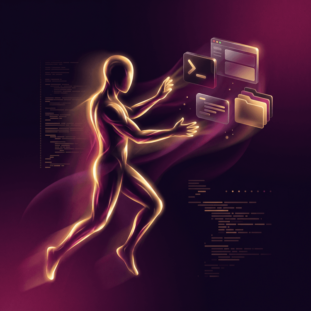 Cinematic dark-glass editorial illustration, gold and amber rim light with deep fuchsia/purple accents, premium tech magazine cover style, ultra detailed, no text, no watermark, — a humanoid figure of light with hands extended toward floating tool icons (terminal, browser, files), in motion, background tones deep black-purple #10051f, glassmorphism, soft volumetric light, subtle grain