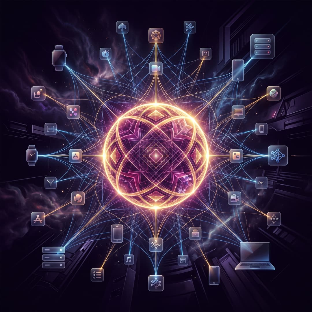 Cinematic dark-glass editorial illustration, gold and amber rim light with deep fuchsia/purple accents, premium tech magazine cover style, ultra detailed, no text, no watermark, — a central glowing core with luminous data threads radiating out to small device and app icons, network style, background tones deep black-purple #10051f, glassmorphism, soft volumetric light, subtle grain