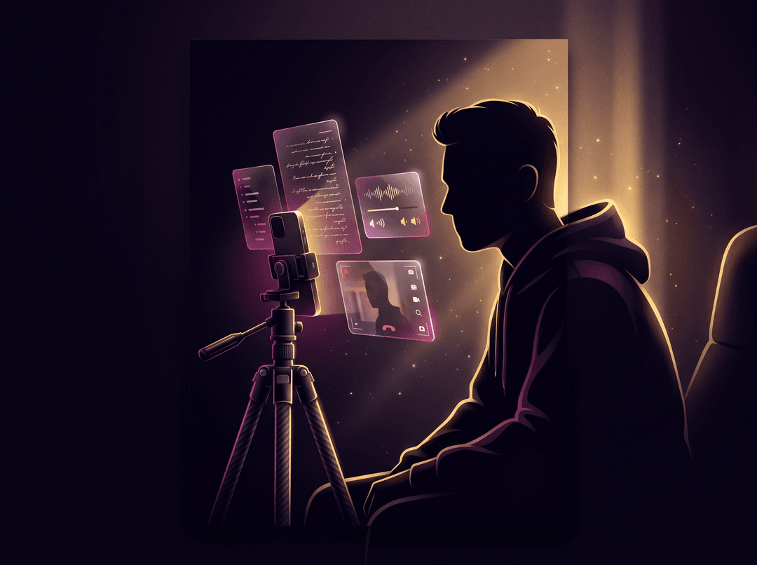 Cinematic dark-glass editorial illustration, gold and amber rim light with deep fuchsia/purple accents, premium tech magazine cover style, ultra detailed, no text, no watermark, — a faceless creator silhouette in front of a phone tripod with floating script, voice and video panels, background tones deep black-purple #10051f, glassmorphism, soft volumetric light, subtle grain