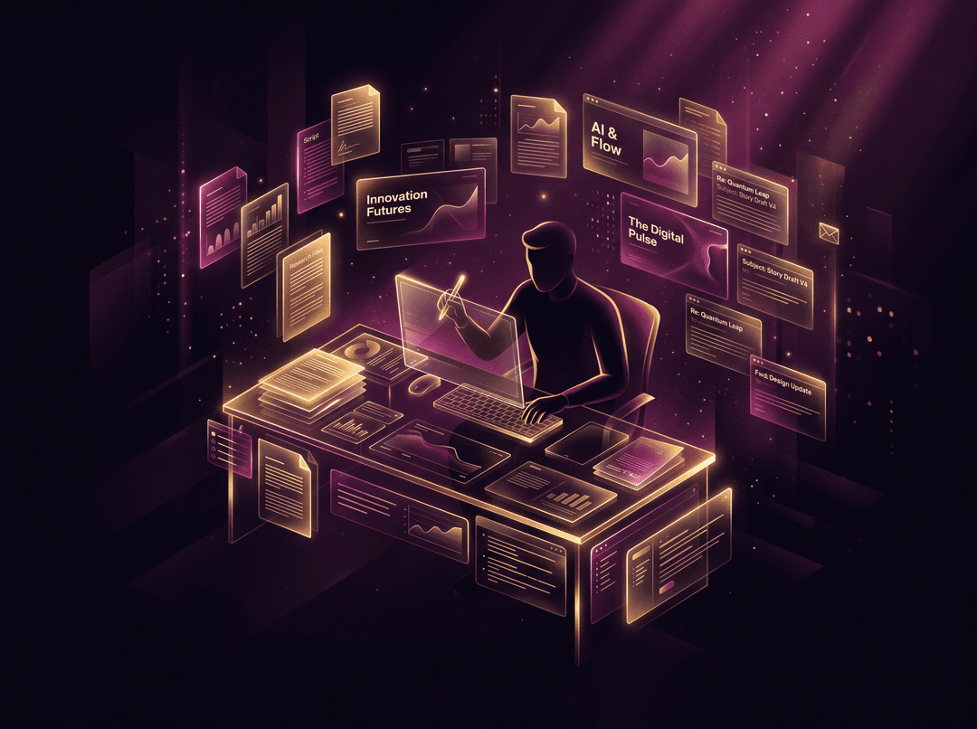 Cinematic dark-glass editorial illustration, gold and amber rim light with deep fuchsia/purple accents, premium tech magazine cover style, ultra detailed, no text, no watermark, — a writer's desk made of light with floating documents, decks and email threads, background tones deep black-purple #10051f, glassmorphism, soft volumetric light, subtle grain