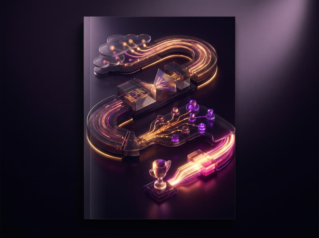 Cinematic dark-glass editorial illustration, gold and amber rim light with deep fuchsia/purple accents, premium tech magazine cover style, ultra detailed, no text, no watermark, — an abstract sales pipeline with glowing nodes flowing data to enrich to outreach to close, background tones deep black-purple #10051f, glassmorphism, soft volumetric light, subtle grain