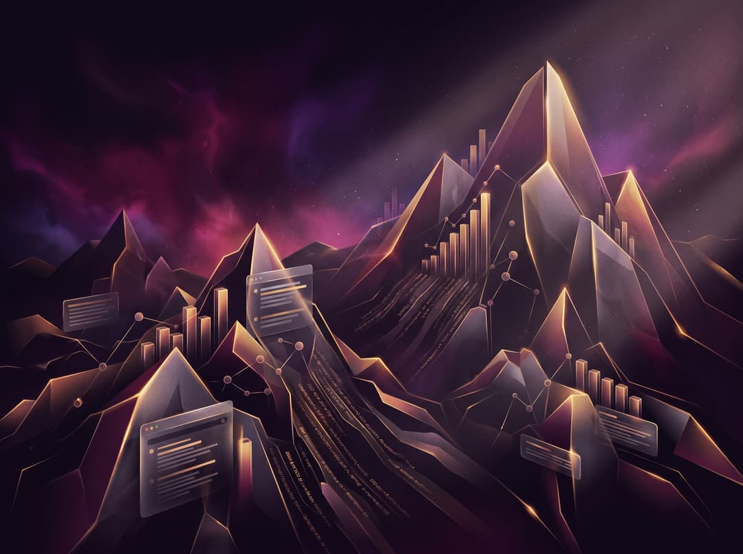 Cinematic dark-glass editorial illustration, gold and amber rim light with deep fuchsia/purple accents, premium tech magazine cover style, ultra detailed, no text, no watermark, — rising mountain peaks of articles and graphs, search-result aesthetic, background tones deep black-purple #10051f, glassmorphism, soft volumetric light, subtle grain