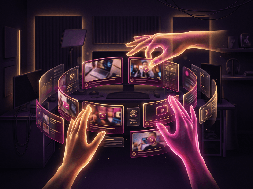 Cinematic dark-glass editorial illustration, gold and amber rim light with deep fuchsia/purple accents, premium tech magazine cover style, ultra detailed, no text, no watermark, — a YouTube studio with floating thumbnails being arranged by glowing hands, background tones deep black-purple #10051f, glassmorphism, soft volumetric light, subtle grain