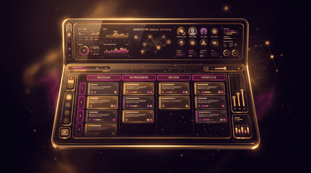 Cinematic dark-glass editorial illustration, gold and amber rim light with deep fuchsia/purple accents, premium tech magazine cover style, ultra detailed, no text, no watermark, — a sleek operating-system-like control panel made of glass with gold rim, displaying agents, monitors and a kanban board, futuristic but warm, background tones deep black-purple #06000f, glassmorphism, soft volumetric light, subtle grain