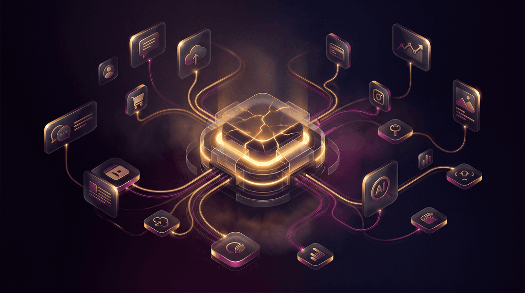 Cinematic dark-glass editorial illustration, gold and amber rim light with deep fuchsia/purple accents, premium tech magazine cover style, ultra detailed, no text, no watermark, — central glowing hub with cables of light connecting to floating app and service icons around it, integration network, background tones deep black-purple #06000f, glassmorphism, soft volumetric light, subtle grain