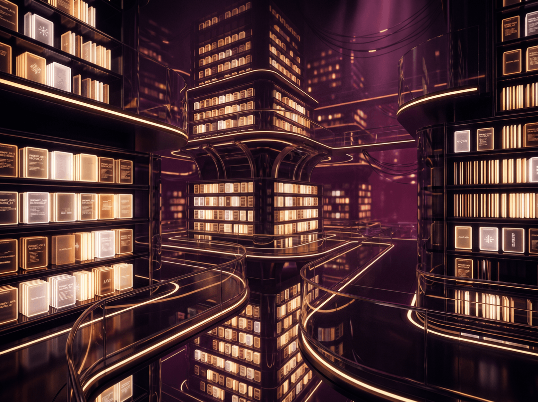 Cinematic dark-glass editorial illustration, gold and amber rim light with deep fuchsia/purple accents, premium tech magazine cover style, ultra detailed, no text, no watermark, — a futuristic library of glowing prompt cards stacked in tiers, background tones deep black-purple #10051f, glassmorphism, soft volumetric light, subtle grain