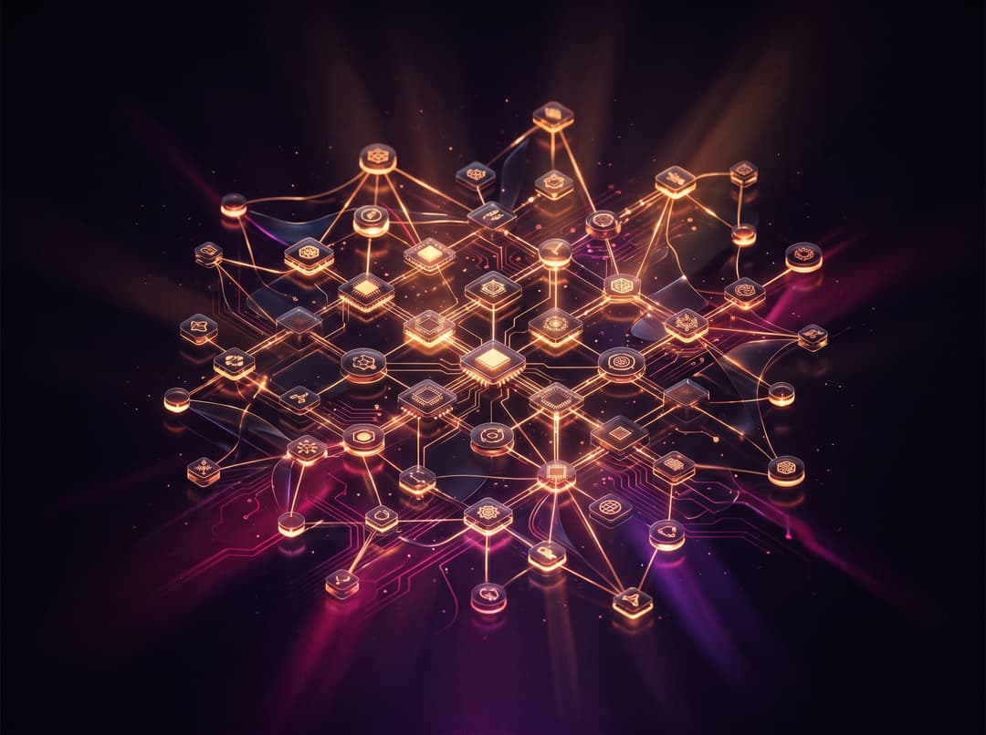 Cinematic dark-glass editorial illustration, gold and amber rim light with deep fuchsia/purple accents, premium tech magazine cover style, ultra detailed, no text, no watermark, — interconnected automation nodes forming a glowing constellation, background tones deep black-purple #10051f, glassmorphism, soft volumetric light, subtle grain