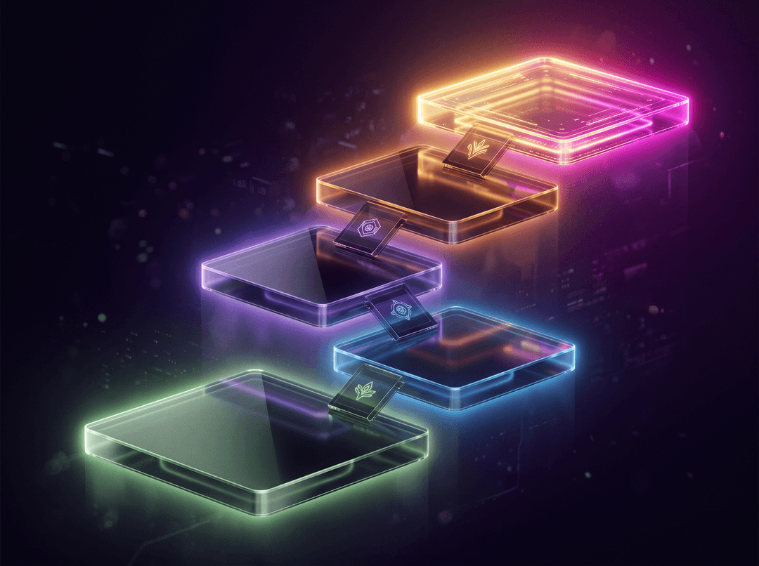 Cinematic dark-glass editorial illustration, gold and amber rim light with deep fuchsia/purple accents, premium tech magazine cover style, ultra detailed, no text, no watermark, — tiered glass platforms representing skill levels, each glowing with a different colored aura, background tones deep black-purple #10051f, glassmorphism, soft volumetric light, subtle grain