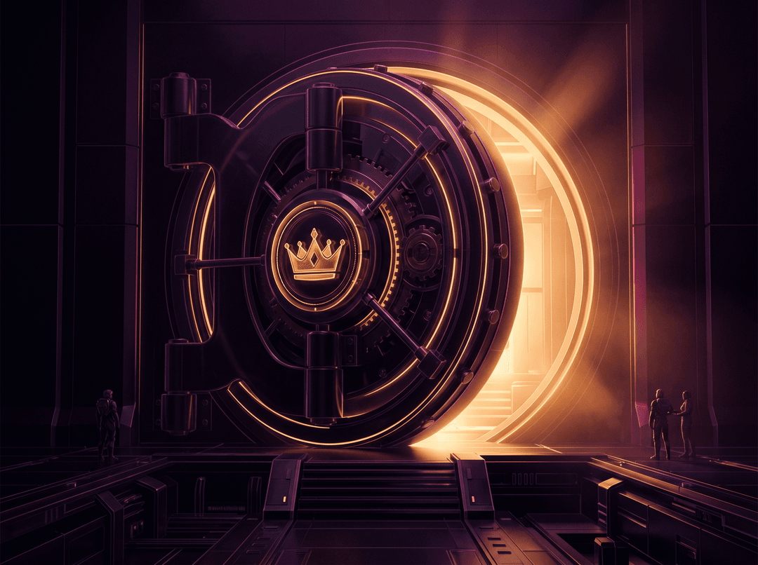 Cinematic dark-glass editorial illustration, gold and amber rim light with deep fuchsia/purple accents, premium tech magazine cover style, ultra detailed, no text, no watermark, — a colossal glowing vault door with a gold crown emblem, slightly open with warm light streaming out, background tones deep black-purple #06000f, glassmorphism, soft volumetric light, subtle grain