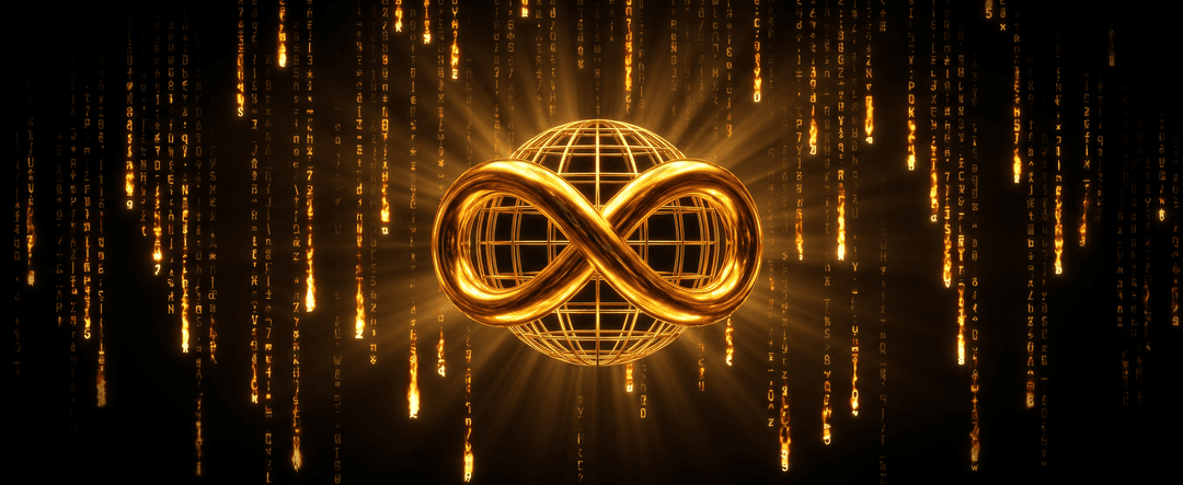 A premium 4K ultrawide desktop wallpaper, pure black background, vertical Matrix-style code rain in cascading molten gold glyphs falling top to bottom across the entire scene — gold characters glowing brighter near the bottom of each falling column. Centered foreground: a luxurious 3D rendered gold infinity symbol intersecting a gold wireframe globe (the InfiniBot "infinity ball" logo: molten gold infinity loop wrapping through a gold globe of latitude/longitude lines), softly glowing, deep specular highlights, photoreal gold material with crisp reflections, slight god-rays emanating from behind. The infinity-ball is the focal point, code rain forms the atmospheric background. Cinematic, ultra-detailed, dark-luxe aesthetic, black and gold ONLY (no cyan, no green, no blue), centered radial vignette so desktop icons read clean. 3840x1600 ultrawide composition, art-deco x cyberpunk, no text other than the falling glyphs, no people, no other logos.