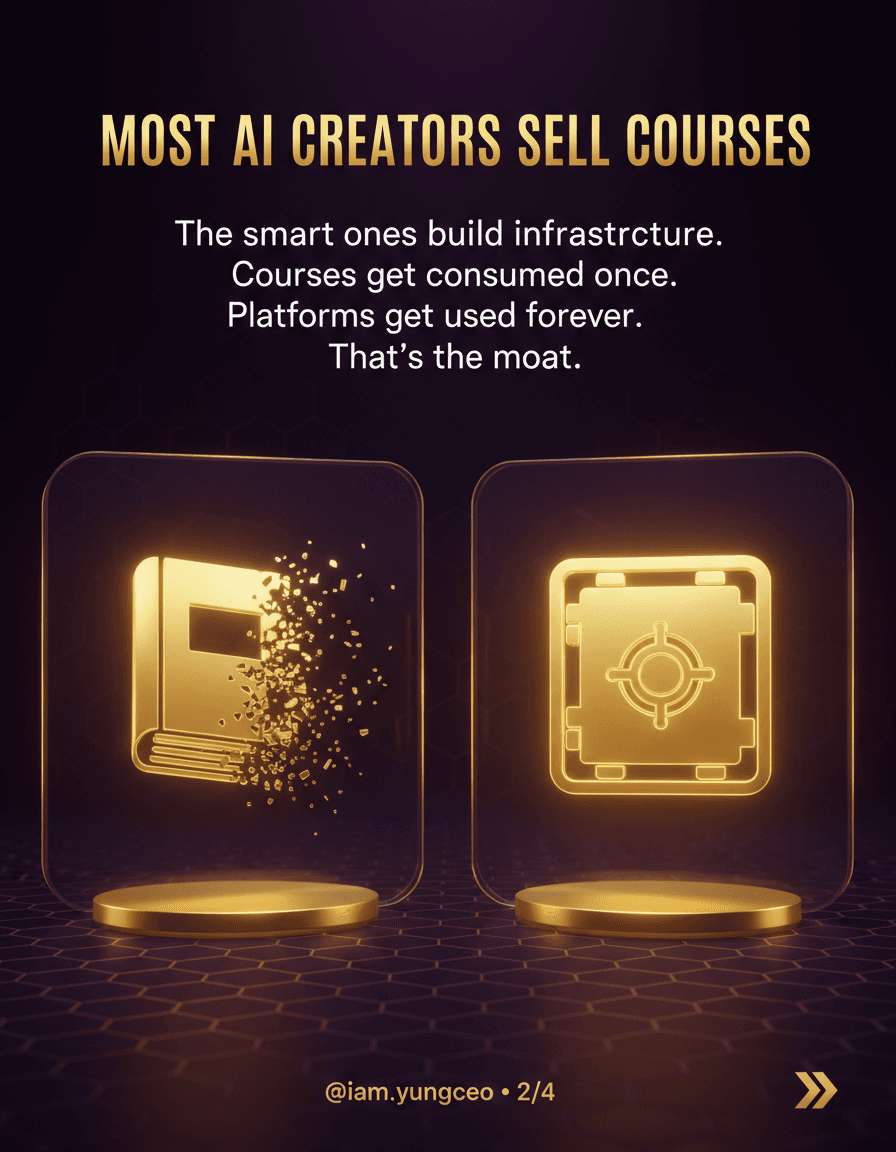 Luxury tech Instagram carousel slide 2 of 4, 4:5 portrait (1080x1350). Premium aesthetic: deep purple (#2D0A4E, #4A148C) to pure black (#0A0A0C) gradient background, subtle glowing gold hexagonal grid pattern, glass surfaces with gold sheen. Split composition: on the LEFT a fading, dissolving golden book/course icon (being "consumed", losing glow); on the RIGHT a bright glowing gold vault door / platform icon, radiant and powerful. Gold contrast emphasizes right side.
RENDER THIS TEXT CRISPLY, sharp, correctly spelled, no typos, legible typography:
- Bold display headline top, gold gradient fill (#D4AF37 to #F6C873 to #FFF3C0), heavy weight: "MOST AI CREATORS SELL COURSES."
- Body text below in clean white sans-serif, well spaced lines:
"The smart ones build infrastructure.
Courses get consumed once.
Platforms get used forever.
That's the moat."
- Bottom row small gold text: "@iam.yungceo • 2/4" with a small gold arrow → at far right.
Futuristic luxury brand look, cinematic, high contrast, polished, consistent template: headline top, content middle, handle/page bottom.
