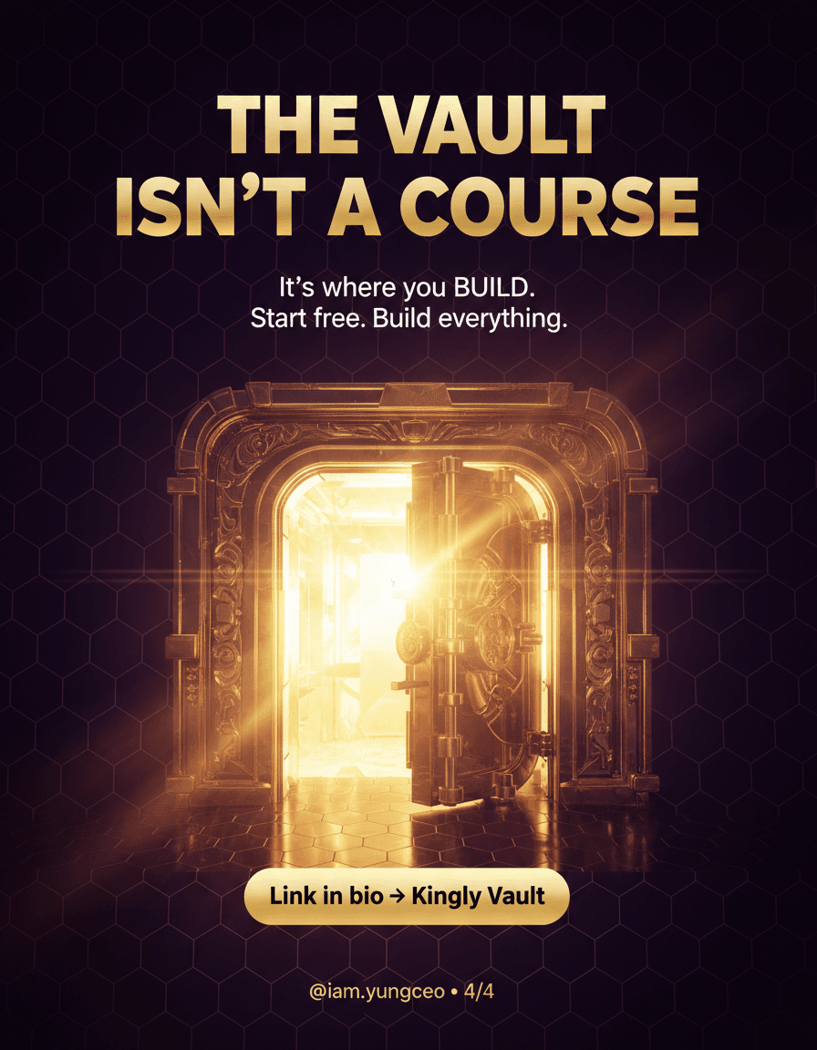 Luxury tech Instagram carousel slide 4 of 4 (final CTA), 4:5 portrait (1080x1350). Premium aesthetic: deep purple (#2D0A4E, #4A148C) to pure black (#0A0A0C) gradient background, subtle glowing gold hexagonal grid. Centerpiece visual: a majestic glowing gold VAULT DOORWAY / portal opening with warm light pouring out, a sense of entry and invitation, royal and premium, light beams.

RENDER ALL TEXT CRISPLY, sharp, correctly spelled, no typos, legible typography:
- HUGE bold display headline, gold gradient fill (#D4AF37 to #F6C873 to #FFF3C0), heavy weight, glowing: "THE VAULT ISN'T A COURSE."
- White clean sans-serif subhead below:
"It's where you BUILD.
Start free. Build everything."
- A glowing gold pill-shaped CTA button with dark text inside: "Link in bio → Kingly Vault"
- Bottom row small gold text: "@iam.yungceo   •   4/4"

Futuristic luxury brand look, cinematic, high contrast, glass surfaces with gold sheen, polished, magazine-grade, consistent template: headline top, content middle, handle/page bottom.