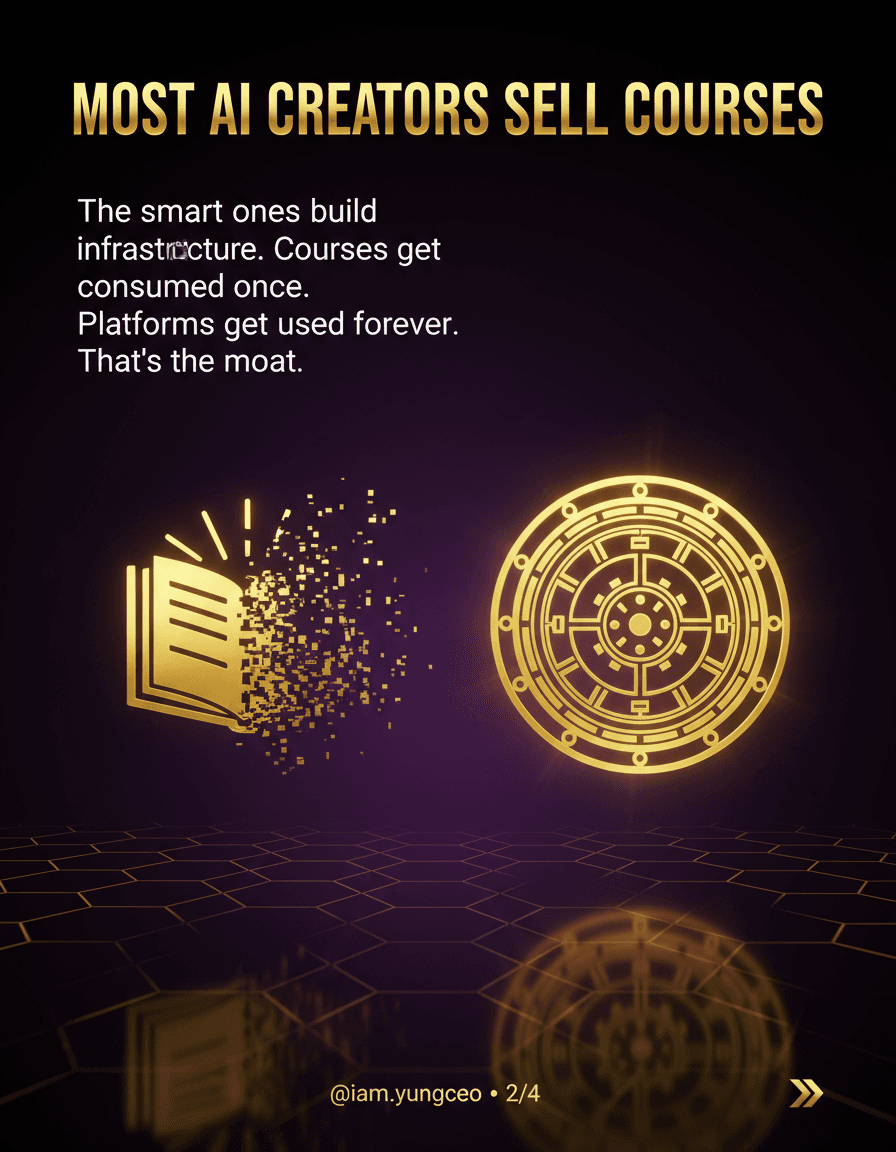 Luxury tech Instagram carousel slide 2 of 4, 4:5 portrait (1080x1350). Premium aesthetic: deep purple (#2D0A4E, #4A148C) to pure black (#0A0A0C) gradient background, subtle glowing gold hexagonal grid pattern, glass surfaces with gold sheen. Split composition: on the LEFT a fading, dissolving golden book/course icon (being "consumed", losing glow); on the RIGHT a bright glowing gold vault door / platform icon, radiant and powerful.

RENDER ALL TEXT CRISPLY, sharp, perfectly spelled, ZERO typos, legible typography. Spell every word correctly — especially "infrastructure" (i-n-f-r-a-s-t-r-u-c-t-u-r-e):
- Bold display headline top, gold gradient fill (#D4AF37 to #F6C873 to #FFF3C0), heavy weight: "MOST AI CREATORS SELL COURSES."
- Body text below in clean white sans-serif, four well-spaced lines, exact spelling:
"The smart ones build infrastructure.
Courses get consumed once.
Platforms get used forever.
That's the moat."
- Bottom row small gold text: "@iam.yungceo   •   2/4" with a small gold arrow → at far right.

Futuristic luxury brand look, cinematic, high contrast, polished, consistent template: headline top, content middle, handle/page bottom.