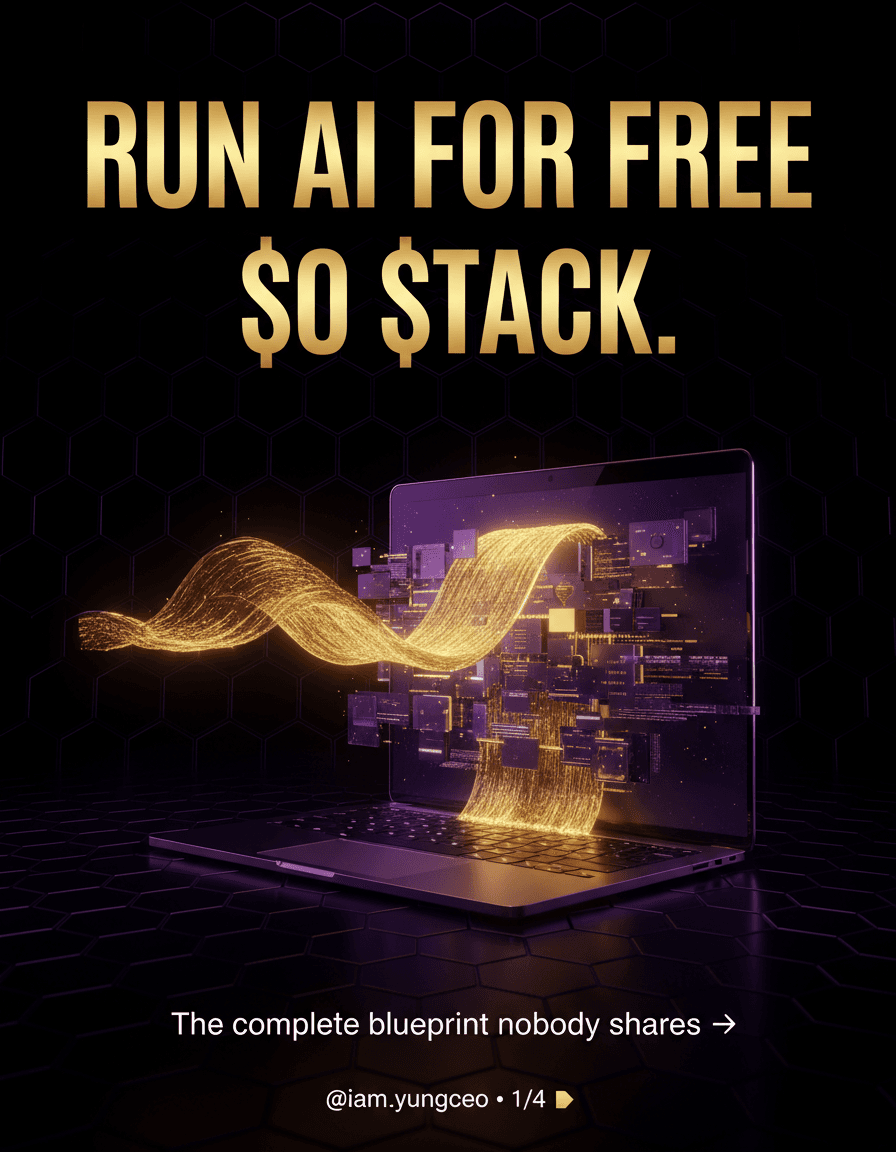 Luxury-tech Instagram carousel COVER slide, 4:5 portrait (1080x1350). Strict 3-color palette: pure black background (#0A0A0C), deep royal purple glows (#2D0A4E), warm gold accents (#D4AF37 to #F6C873 gradient). Body text pure white (#FFFFFF). Premium futuristic aesthetic with subtle hexagonal grid pattern and glass surfaces with gold sheen.
LAYOUT ZONES (fixed):
TOP THIRD — HEADLINE in a bold, heavy display font with a warm gold metallic gradient fill, huge, two lines, centered, the words exactly: "RUN AI FOR FREE." on line one and "$0 STACK." on line two. This is the scroll-stopping hook — make it dominate.
MIDDLE — a glowing purple-black luxury scene: a sleek laptop / portal opening, brilliant gold light pouring out of the screen, revealing a free AI stack, sense of unlocking something valuable. Below it, a single line of clean plain white sans-serif body text exactly: "The complete blueprint nobody shares →".
BOTTOM STRIP — footer in small clean white text exactly: "@iam.yungceo • 1/4 →" with the arrow in gold.
Cinematic premium product-launch lighting, ultra crisp legible rendered text, no spelling errors, no extra text. Royal, expensive, glowing gold-on-purple-black.