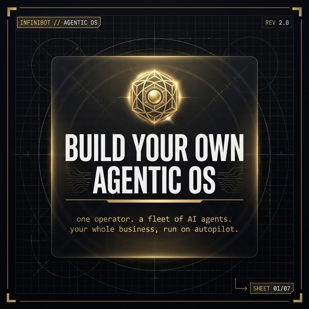 Instagram carousel COVER slide, perfect 1:1 square, 1080x1080. Premium "agentic OS build sheet" / engineering blueprint aesthetic. Deep obsidian black background (#08080a) with a subtle fine technical grid and faint blueprint linework. Strictly luxury gold (#e9c46a / #d4af37) accents only — thin gold hairline borders, small gold corner brackets, monospace technical labels. Subtle frosted dark-glass (glassmorphism) panel in the center with soft inner glow.

Layout:
- Top-left small monospace tag: "INFINIBOT // AGENTIC OS"
- Top-right small monospace: "REV 2.0"
- Center, large bold condensed display type in white with a gold underline: "BUILD YOUR OWN AGENTIC OS"
- Below it, smaller gold monospace subtitle: "one operator. a fleet of AI agents. your whole business, run on autopilot."
- A small glowing gold hexagonal/orb emblem above the title
- Bottom-right small monospace: "SHEET 01/07"

Strict black-and-gold palette, NO cyan, NO magenta, no rainbow, no blue. Clean, high-end, technical, cinematic, crisp legible typography.