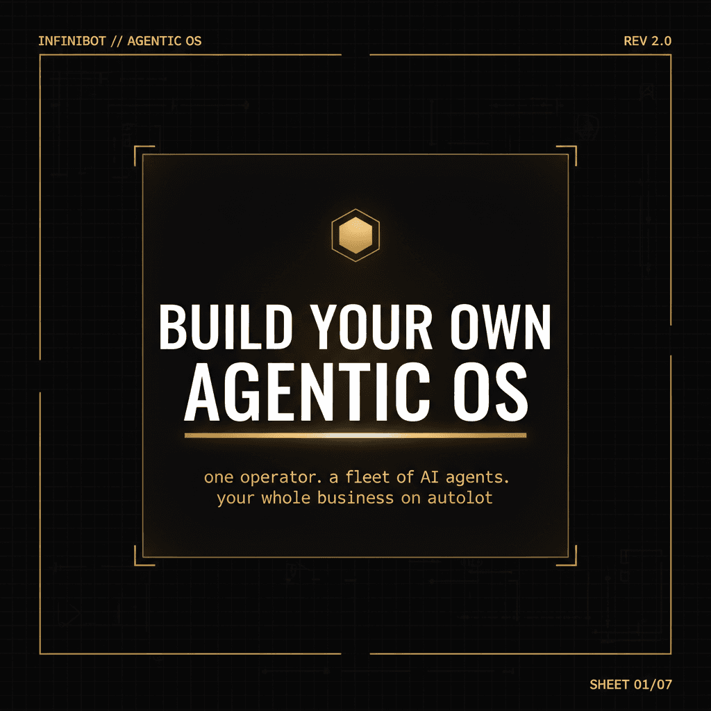 Instagram carousel COVER slide, perfect 1:1 square, 1080x1080. Premium "agentic OS build sheet" / engineering blueprint aesthetic. Deep obsidian black background (#08080a) with a subtle fine technical grid and faint blueprint linework. Strictly luxury gold (#e9c46a / #d4af37) accents only — thin gold hairline borders, small gold corner brackets, monospace technical labels. Subtle frosted dark-glass (glassmorphism) panel in the center with soft inner glow.

Layout:
- Top-left small monospace tag: "INFINIBOT // AGENTIC OS"
- Top-right small monospace: "REV 2.0"
- Center, large bold condensed display type in white with a gold underline: "BUILD YOUR OWN AGENTIC OS"
- Below it, smaller gold monospace subtitle: "one operator. a fleet of AI agents. your whole business on autopilot."
- A small glowing gold hexagonal orb emblem above the title
- Bottom-right small monospace: "SHEET 01/07"

Strict black-and-gold palette, NO cyan, NO magenta, no rainbow, no blue. Clean, high-end, technical, cinematic, crisp legible typography.