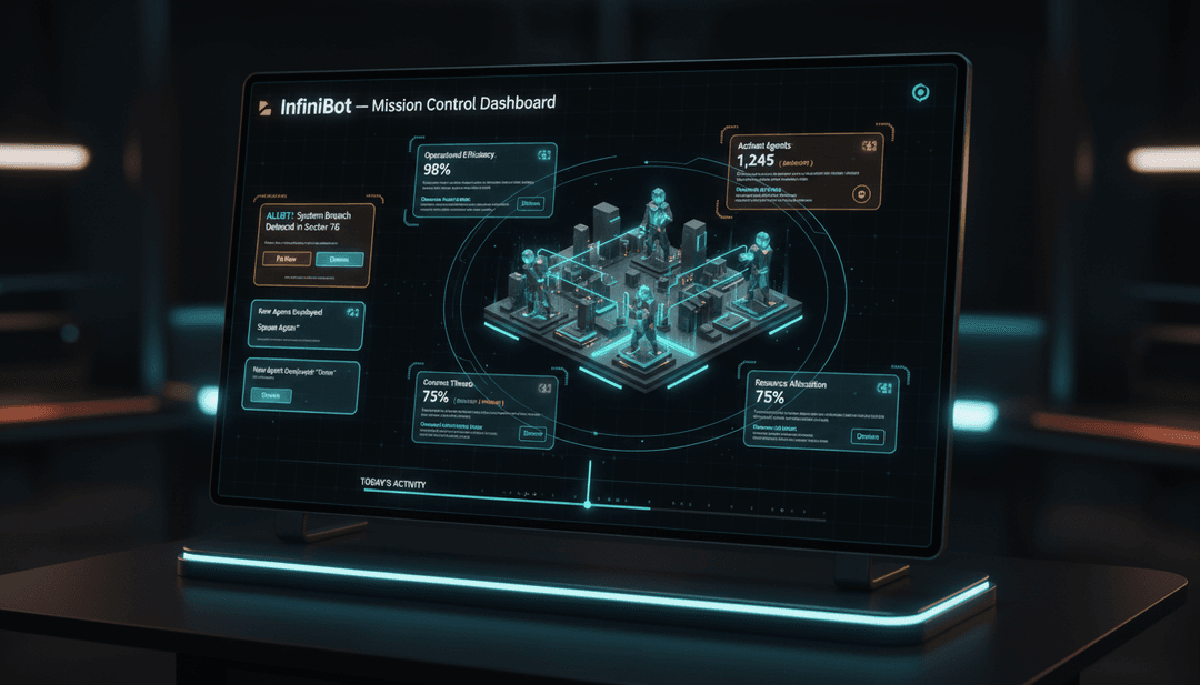Premium UI/UX concept design, high-fidelity dashboard mockup. "InfiniBot — Mission Control Dashboard" alternative revamp concept: dark futuristic operations room aesthetic with an isometric 3D map of AI agents working at the center of the screen, surrounded by floating status cards. A proactive alert stack on the left where each alert carries direct action buttons ("Fix now", "Spawn agent", "Dismiss"). Bottom: a timeline scrubber of today's activity. Neon teal and amber accents on near-black background, subtle grid, holographic depth, clean sans-serif labels, professional product concept render, 4k.