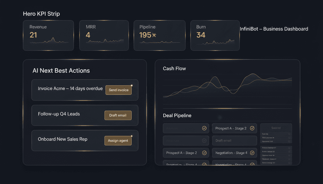 Premium UI/UX concept design, high-fidelity business dashboard mockup. "InfiniBot — Business Dashboard" revamp concept: elegant dark navy interface with gold highlights. Hero KPI strip (Revenue, MRR, Pipeline, Burn) with tiny trend sparklines. Center: an AI "Next Best Actions" panel — ranked cards like "Invoice Acme — 14 days overdue" each with a direct action button ("Send invoice", "Draft email", "Assign agent"). Right: cashflow chart and deal pipeline kanban. Everything proactive: badges showing what the AI already prepared. Glass cards, refined financial-app typography, dribbble-quality SaaS concept, 4k UI render.
