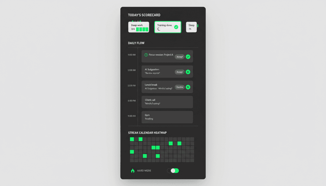 Premium UI/UX concept design, high-fidelity discipline dashboard mockup, alternative concept. "InfiniBot — Daily Scorecard" revamp: minimal monochrome interface with a single accent color (electric green). Top: today's scorecard as large tally chips (Deep work 3/4, Training done, Sleep 7h). Center: a vertical timeline of the day where the AI proactively inserted suggestions with inline accept/decline action buttons. Bottom: streak calendar heatmap and a "hard mode" toggle. Ultra-clean Swiss-grid layout, generous whitespace on dark, crisp legible labels, high-end product design concept, 4k UI render.