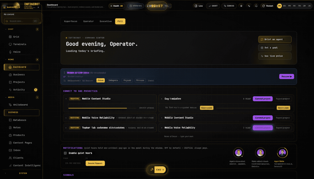 UI redesign concept of the EXACT interface in the reference screenshot — InfiniBot's noir control-terminal dashboard. Preserve its identity precisely: near-black background, gold/amber (#d4a017) accents, monospace terminal typography with uppercase micro-labels, thin gold hairline card borders, left icon sidebar (Grid, Terminals, Voice, Dashboard, Business, Projects...), top status bar with health pill and gold countdown clock, occasional purple-violet action chips. REVAMP: elevate the "Good evening, Operator" briefing into a hero panel where the AI lists 3 prioritized items each with inline gold direct-action buttons (Approve / Delegate / Dismiss); tighten the commit-to-one-thing list into sleek rows with progress bars; add a compact live agent-activity strip. Cleaner spacing, sharper hierarchy, same soul. High-fidelity product mockup, 4k.